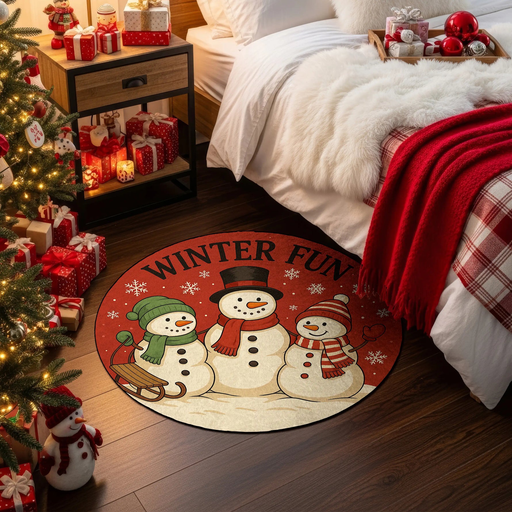 Round rug with snowmen design in a festive bedroom setting with Christmas decorations.

