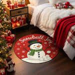 Round Christmas-themed rug with a snowman design in a festive bedroom setting.


