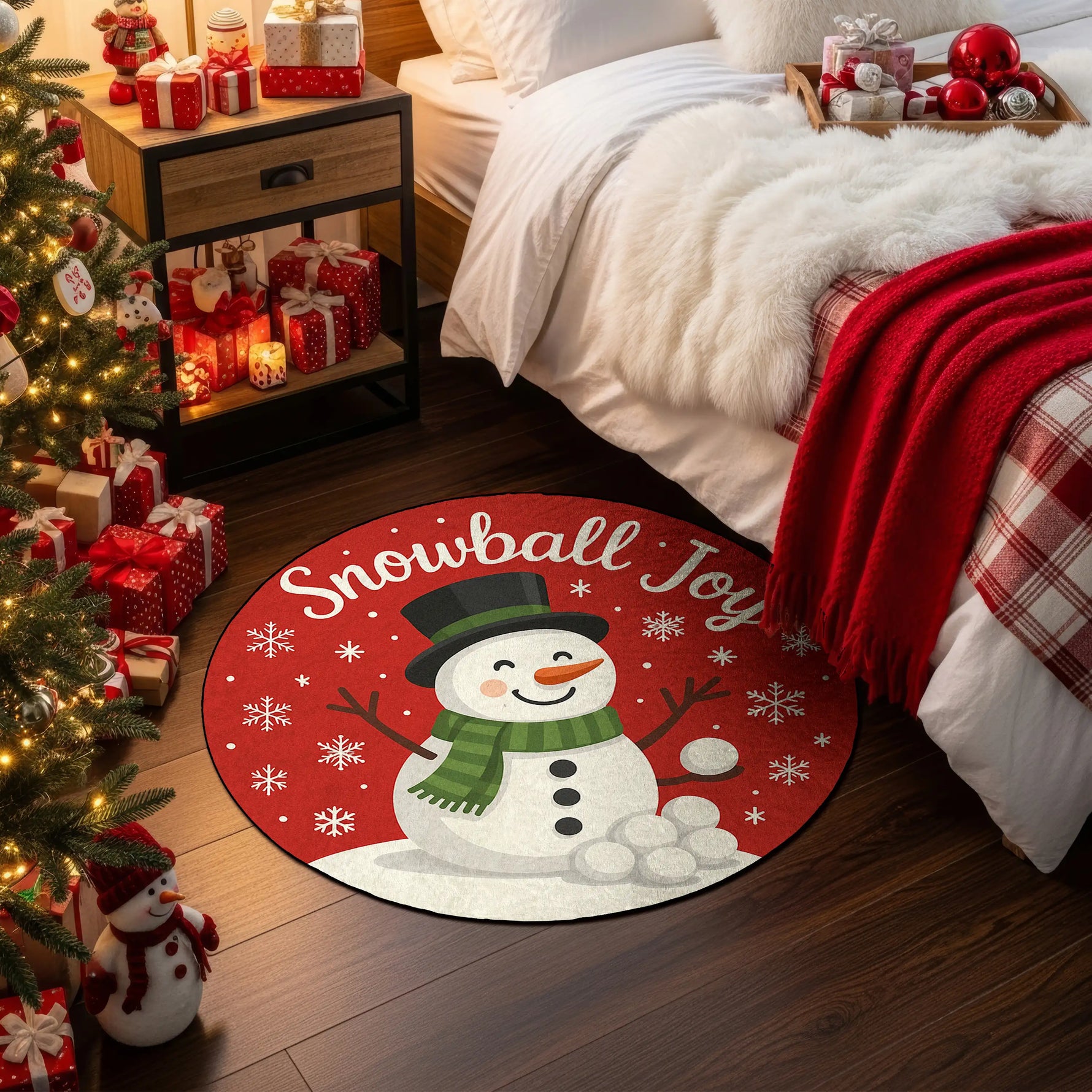 Round Christmas-themed rug with a snowman design in a festive bedroom setting.

