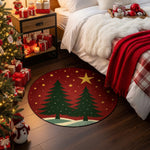 Decorative Christmas rug with tree design in a bedroom setting.

