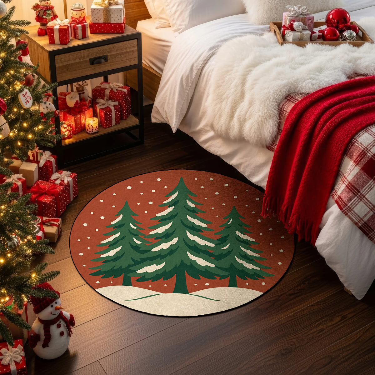 Decorative Christmas rug with tree design in a bedroom setting.

