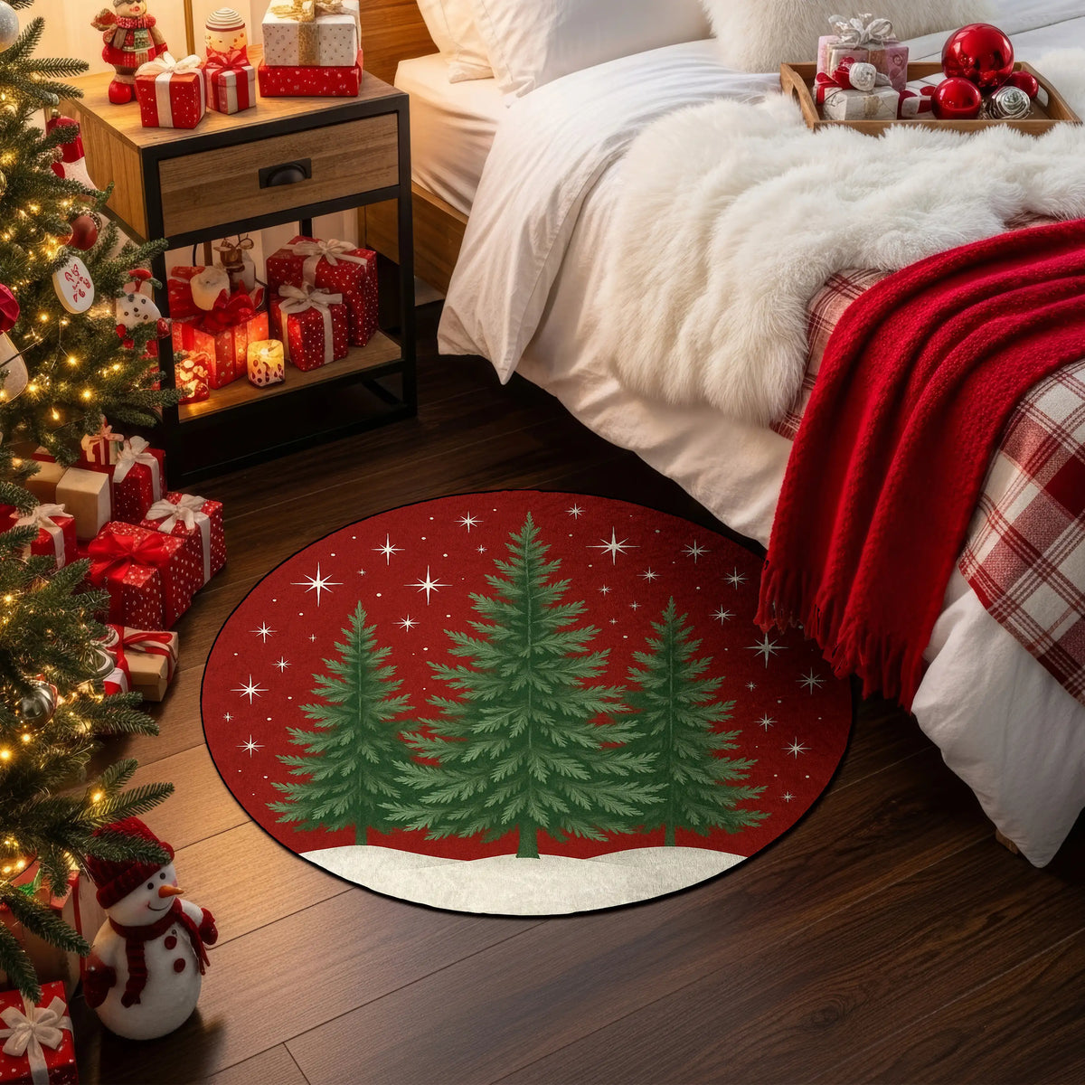 Decorative Christmas rug with green trees on a wooden floor next to a bed and Christmas tree.

