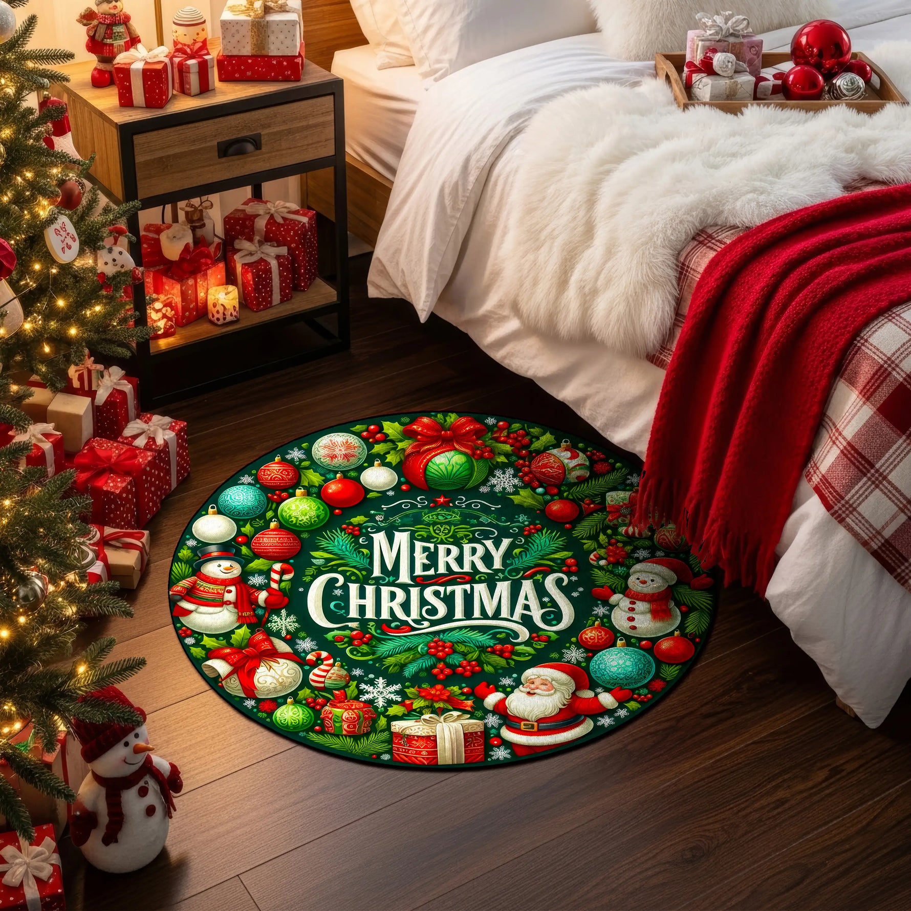 Decorative Christmas rug with festive design in a bedroom setting.