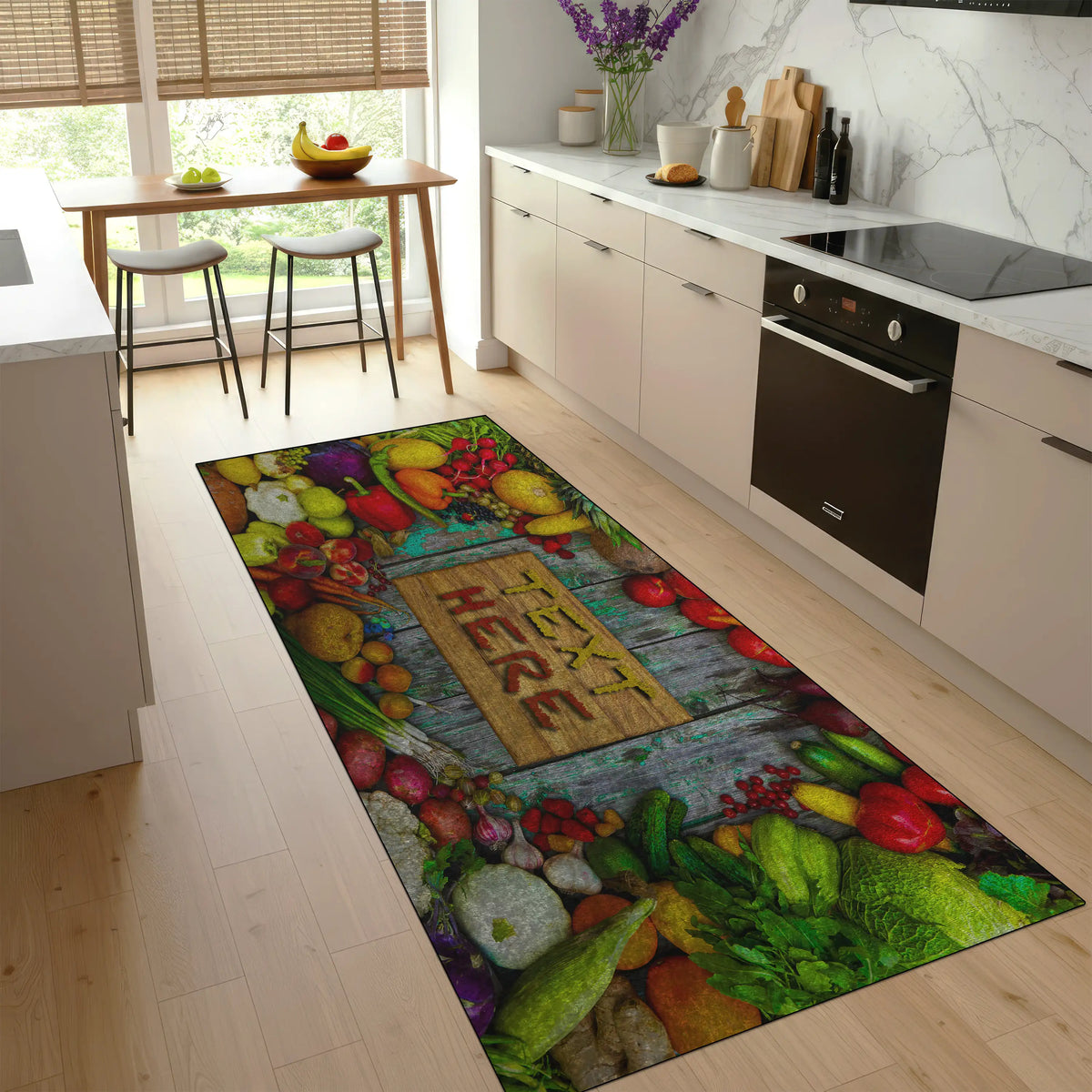 Colorful kitchen rug with vegetables and a wooden sign on a wooden floor.