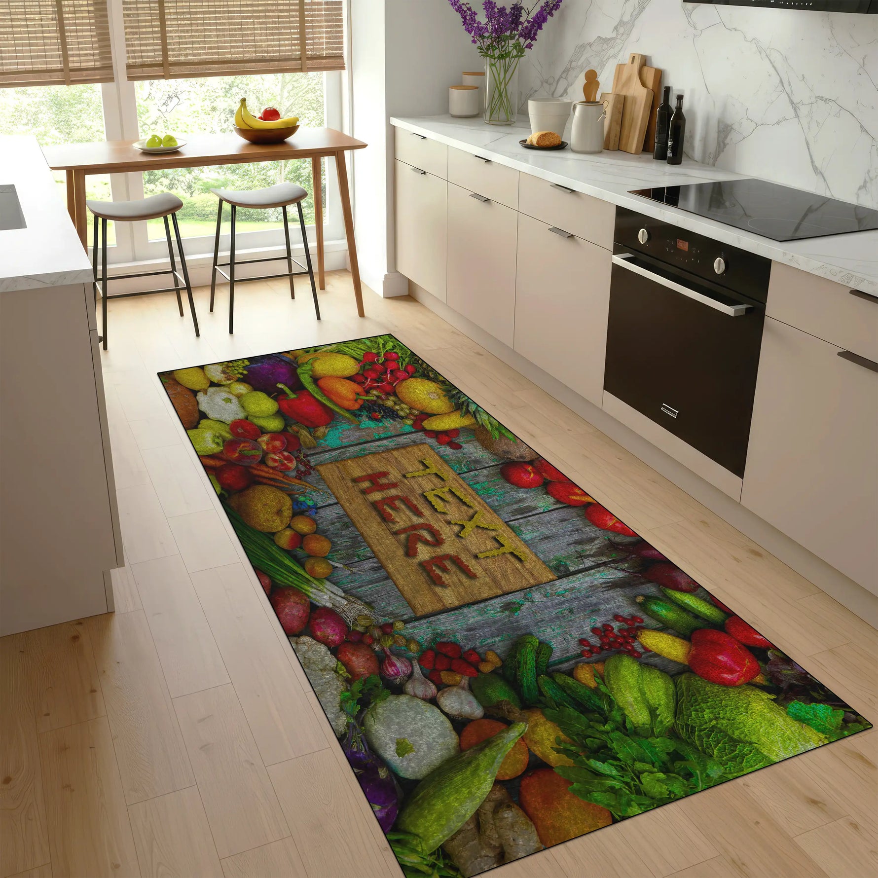 Colorful kitchen rug with vegetables and a wooden sign on a wooden floor.