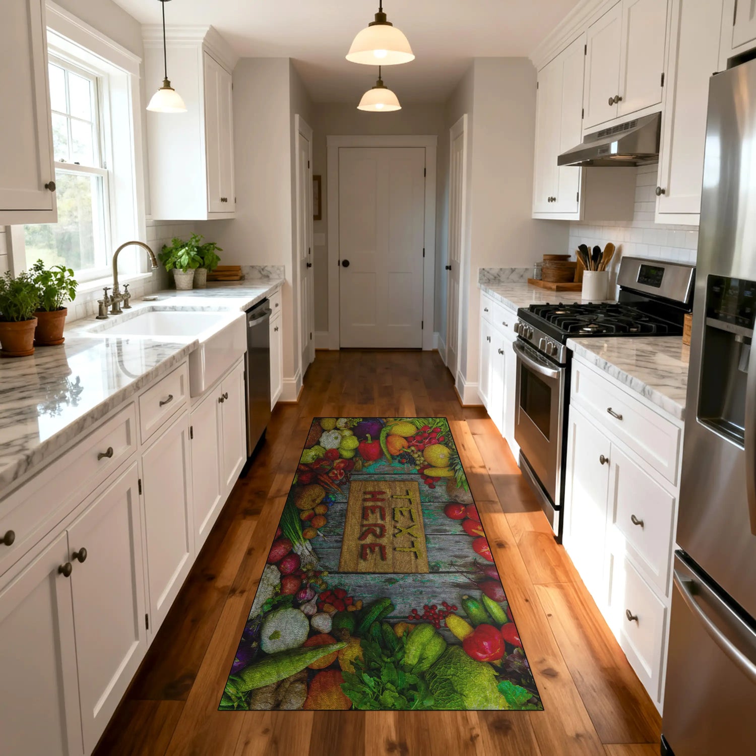 Kitchen with a colorful rug featuring fruits and vegetables on a wooden floor.