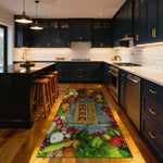 Modern kitchen with dark cabinets, a rug featuring fruits and vegetables, and wooden stools.