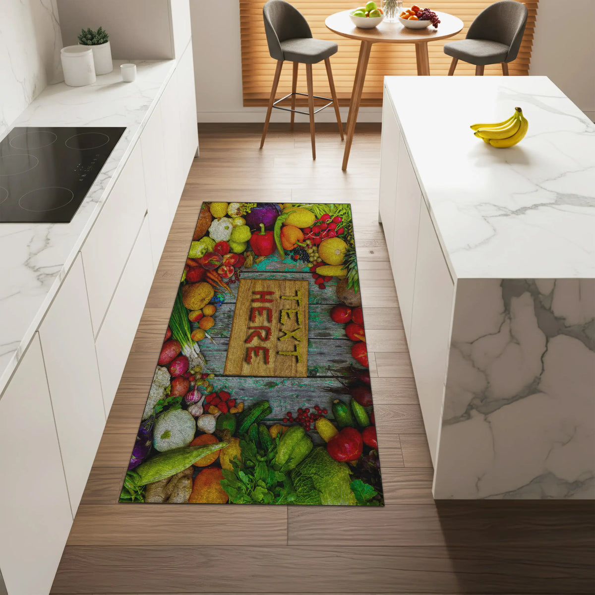 Colorful kitchen mat with vegetables and 'Luxe' text on a wooden floor.