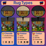 Comparison of Chenille, Rubber, and Cotton rug types with images and labels.