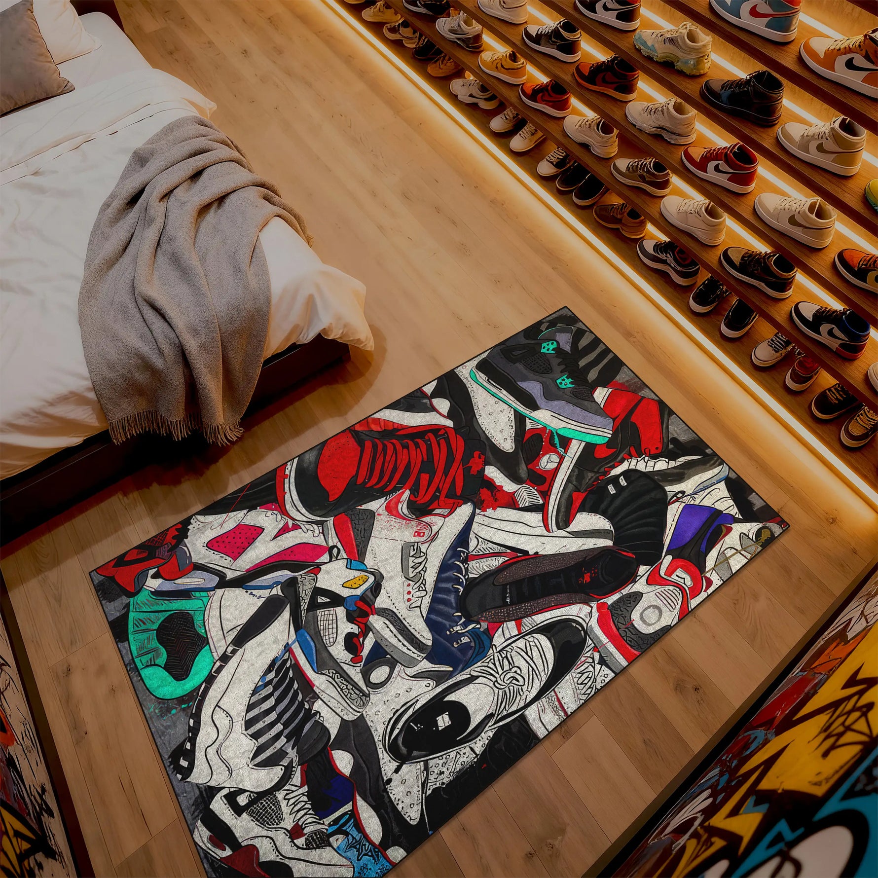 Colorful rug with shoe design on a wooden floor next to a bed