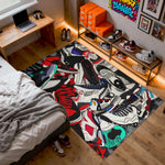 Room with a colorful rug featuring shoe designs, shelves with shoes, and a bed.4