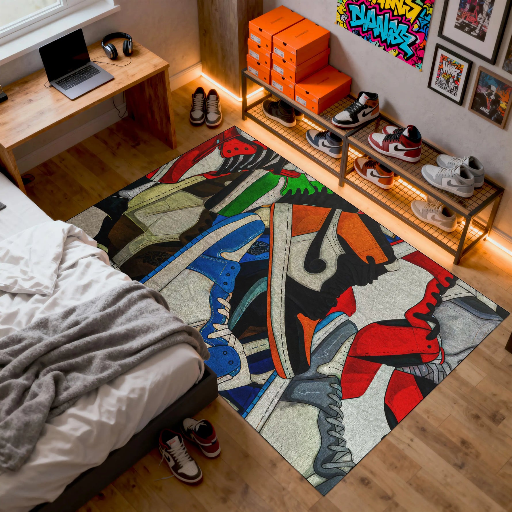 Colorful abstract rug on a wooden floor with a bed and shelves in the background.

