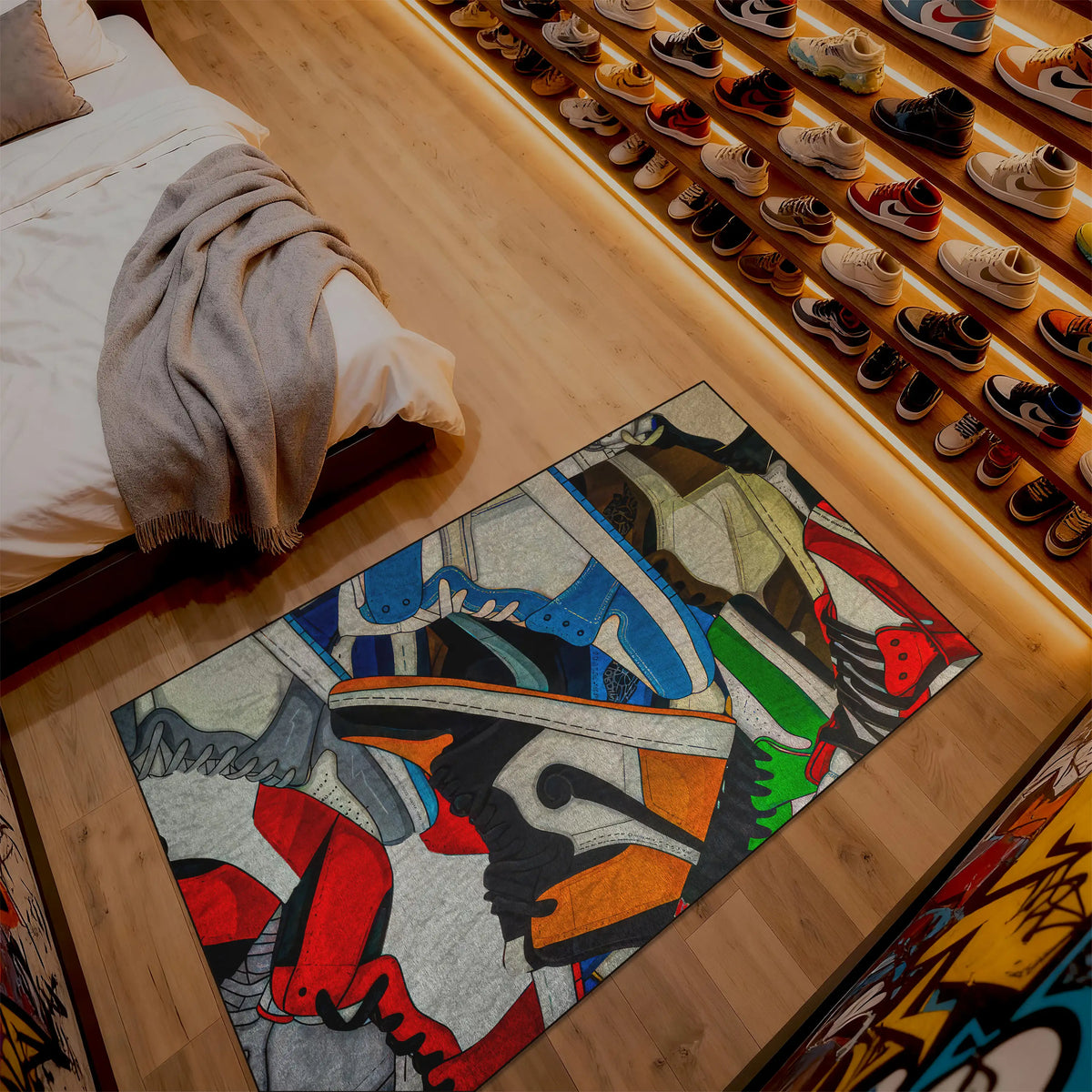 Colorful rug on a wooden floor with a shoe rack in the background


