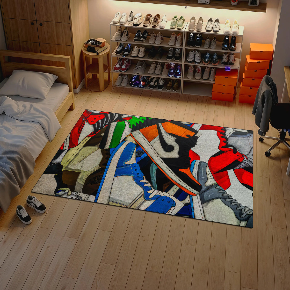 Colorful abstract rug on a wooden floor in a room with shelves and furniture.

