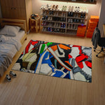 Colorful abstract rug on a wooden floor in a room with shelves and furniture.

