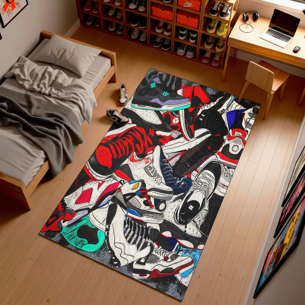 Colorful rug with shoe design on a wooden floor in a room with a bed and desk.