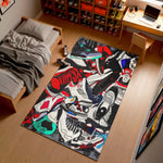 Colorful rug with shoe design on a wooden floor in a room with a bed and desk.