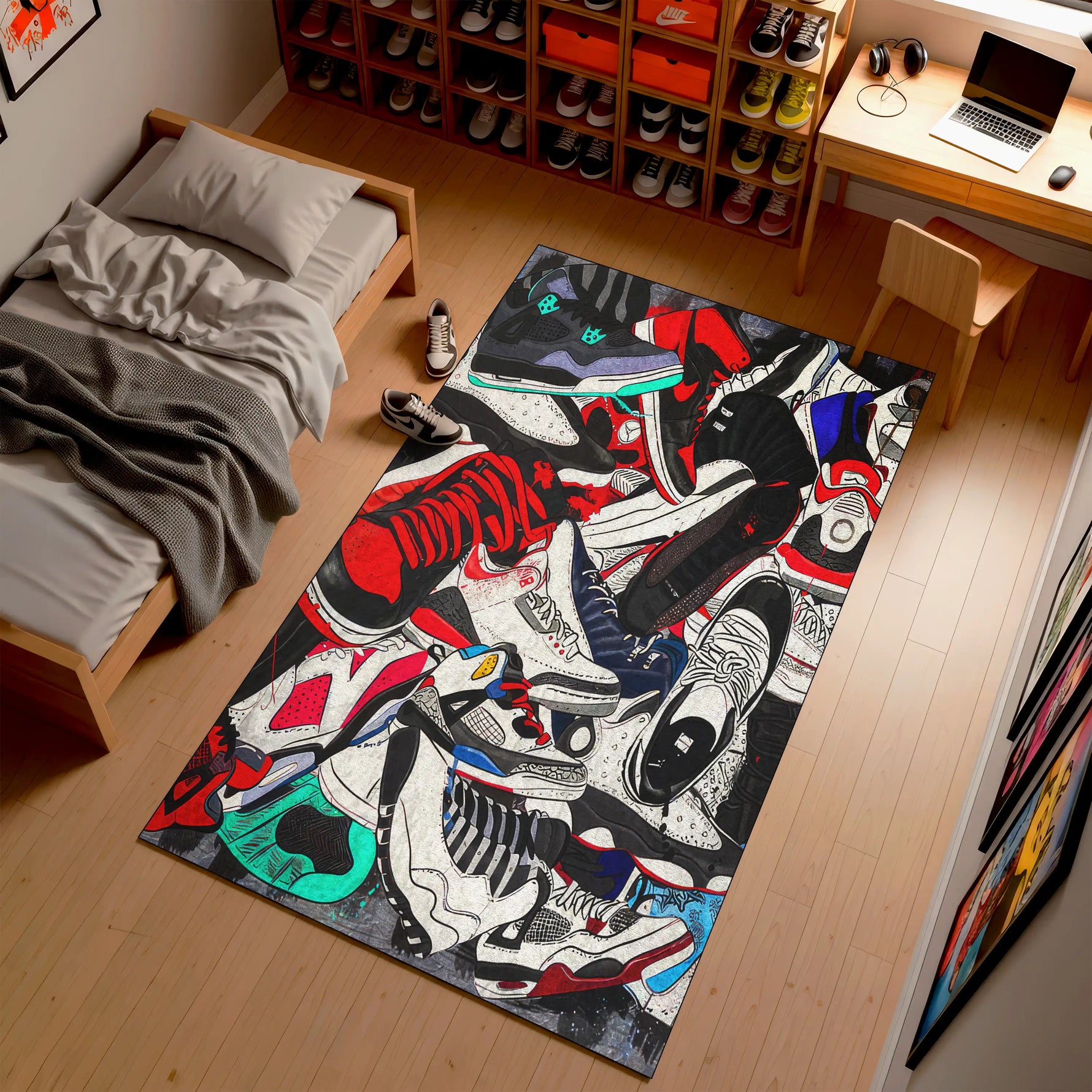 Colorful rug with shoe design on a wooden floor in a room with a bed and desk.
