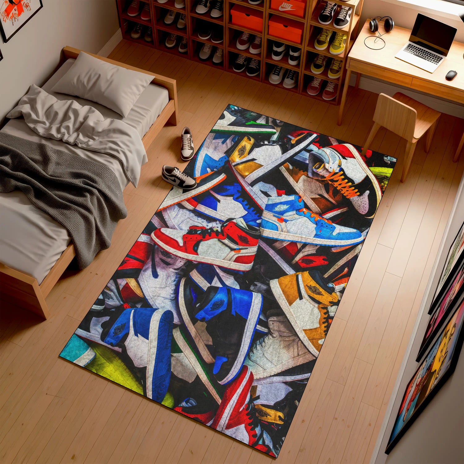 Colorful sneaker rug with vibrant sneaker illustration, washable