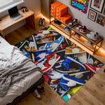 Colorful rug with shoe designs in a bedroom setting