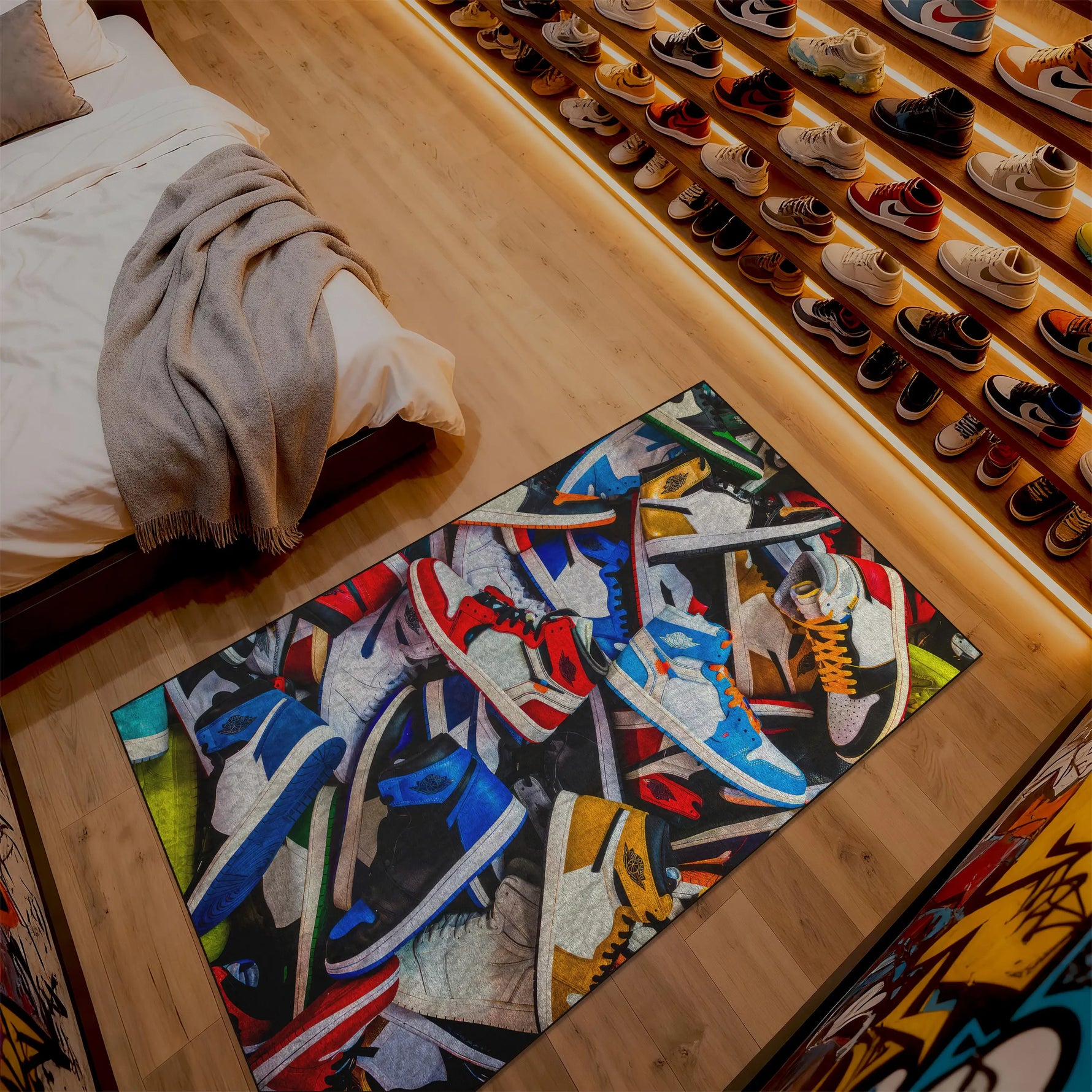 Colorful rug with shoe design on a wooden floor next to a bed