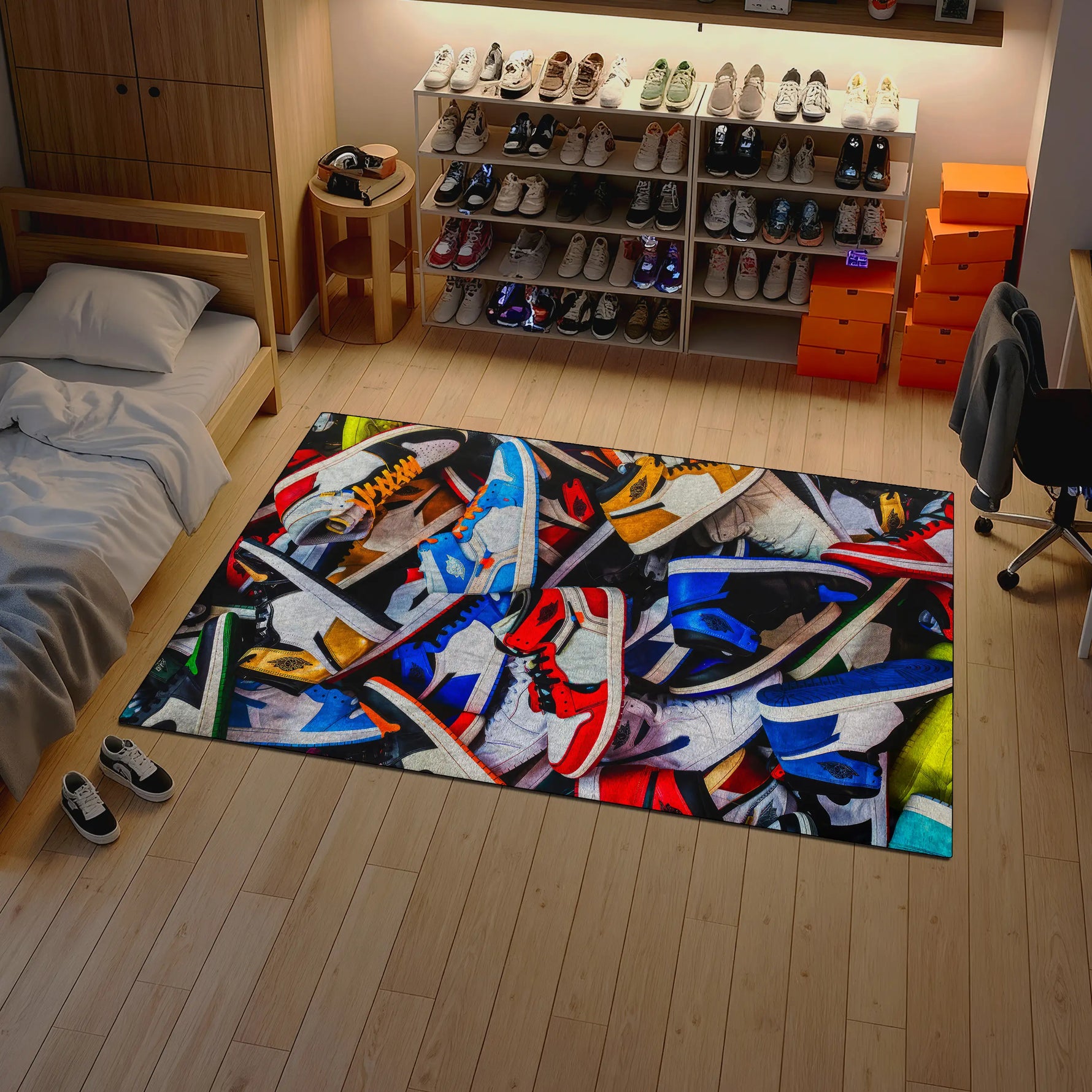 Colorful rug with shoe designs on a wooden floor in a room with shelves of shoes.
