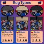 Comparison of rug types including Chenille, Rubber, and Cotton with visual examples on a colorful background.

