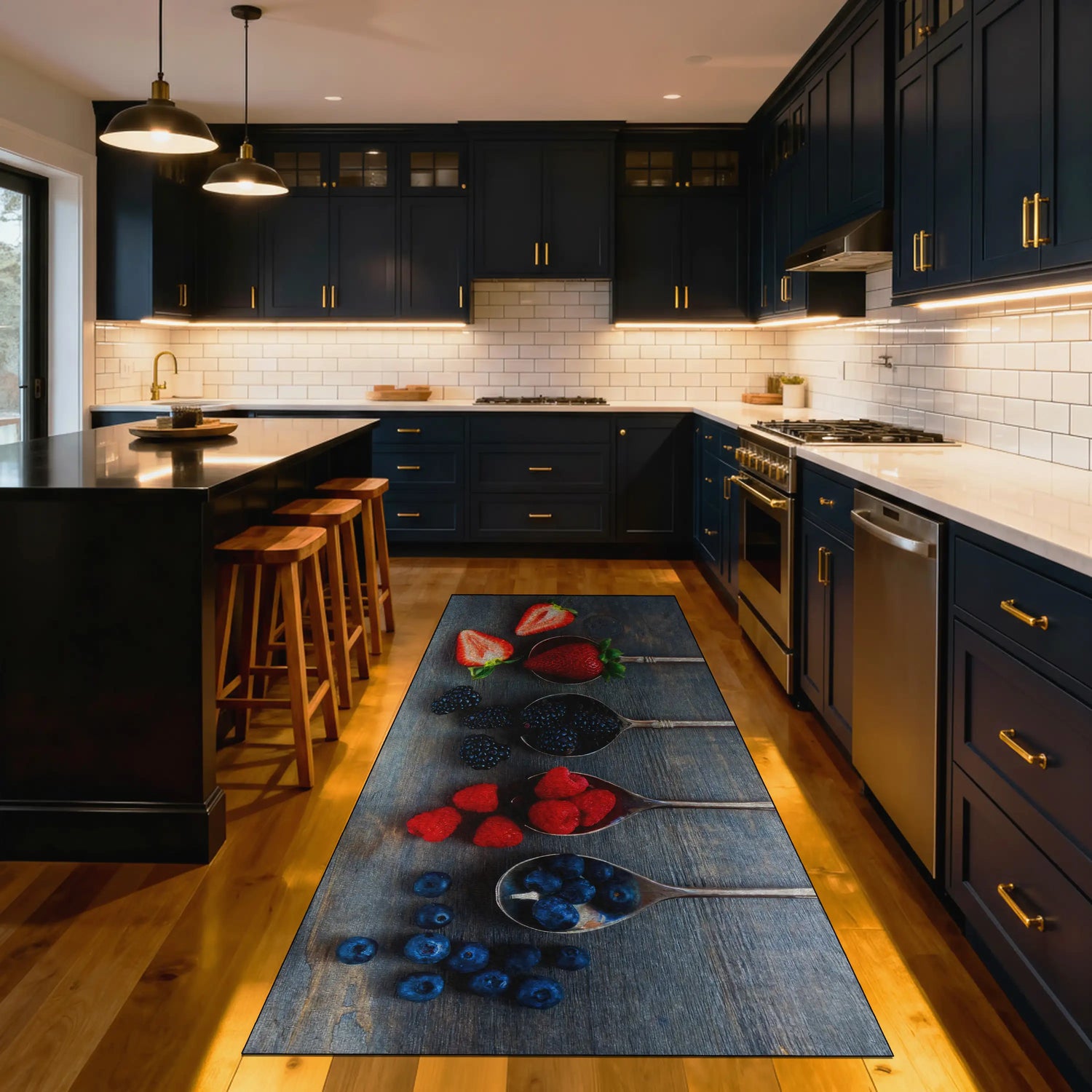 Modern kitchen with dark cabinets, stainless steel appliances, and a decorative rug with fruit design.