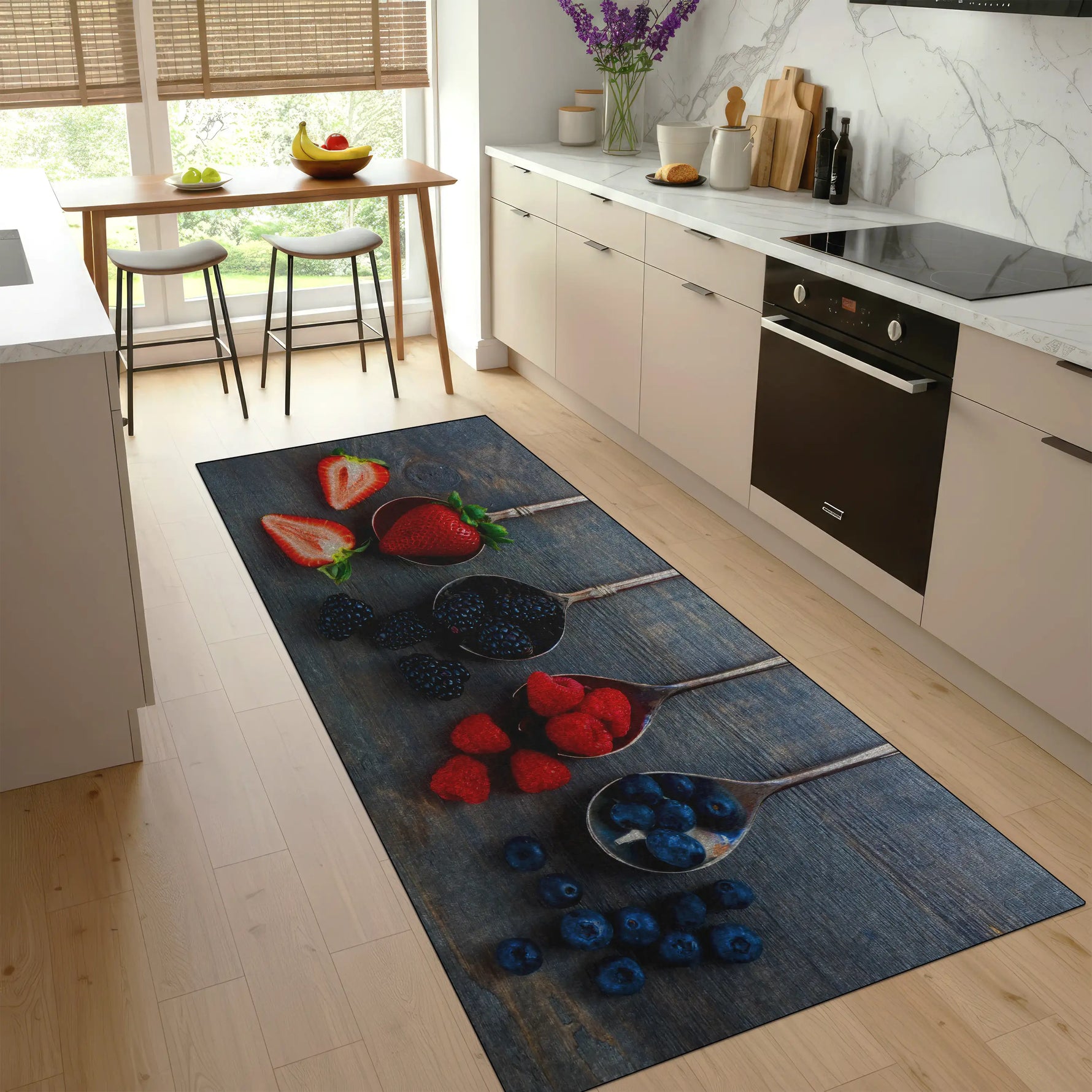 Kitchen rug with fruit design on a wooden floor