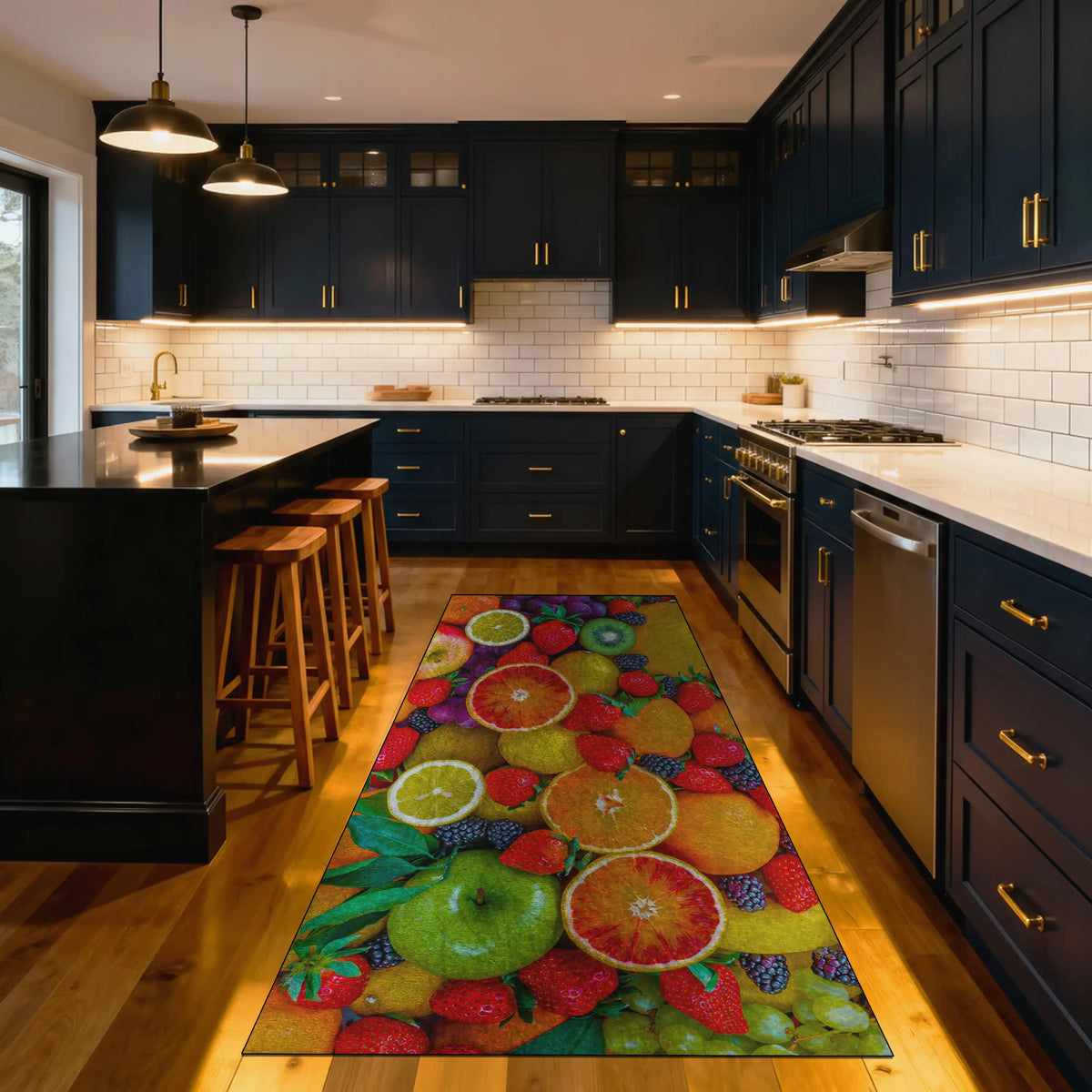 Colorful fruit-themed rug on a wooden floor in a modern kitchen with dark cabinets and white countertops.