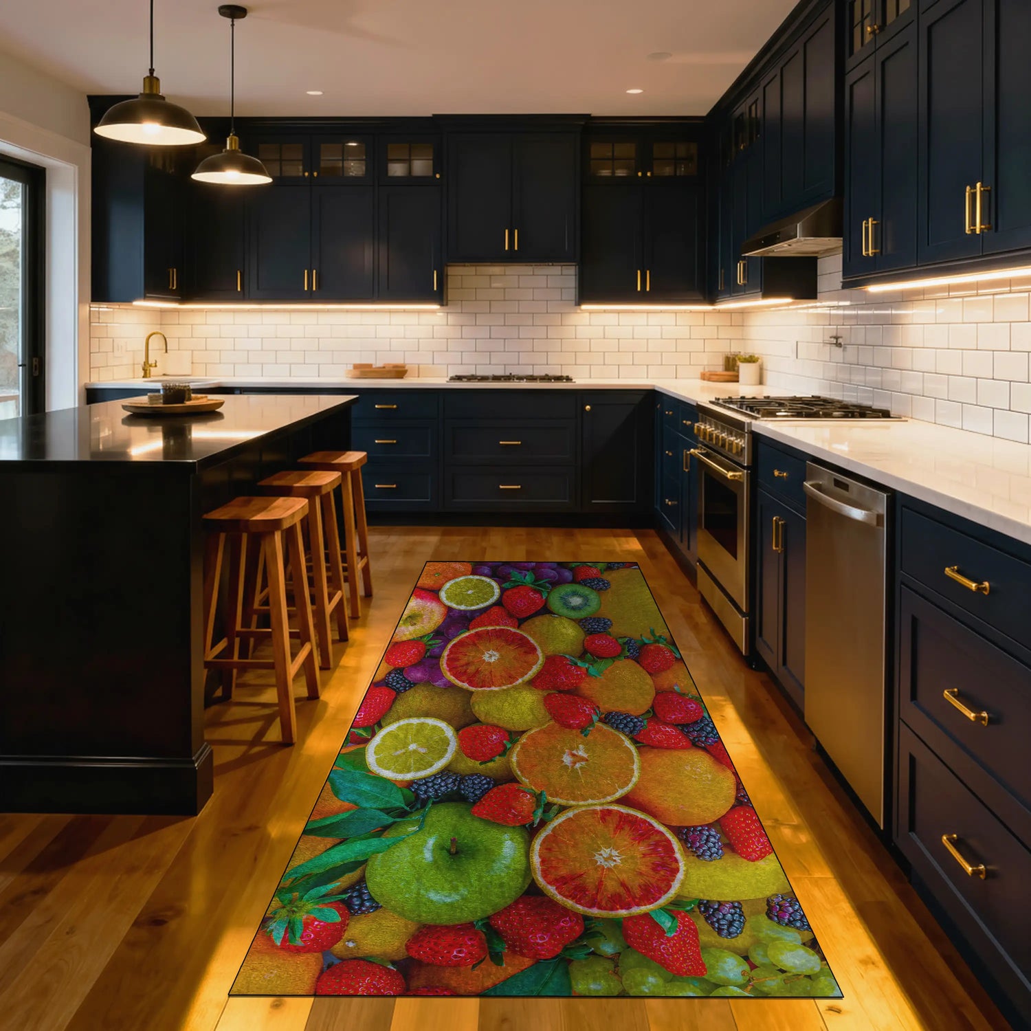 Colorful fruit-themed rug on a wooden floor in a modern kitchen with dark cabinets and white countertops.