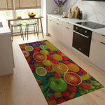 Colorful citrus and fruit kitchen rug with oranges and apples