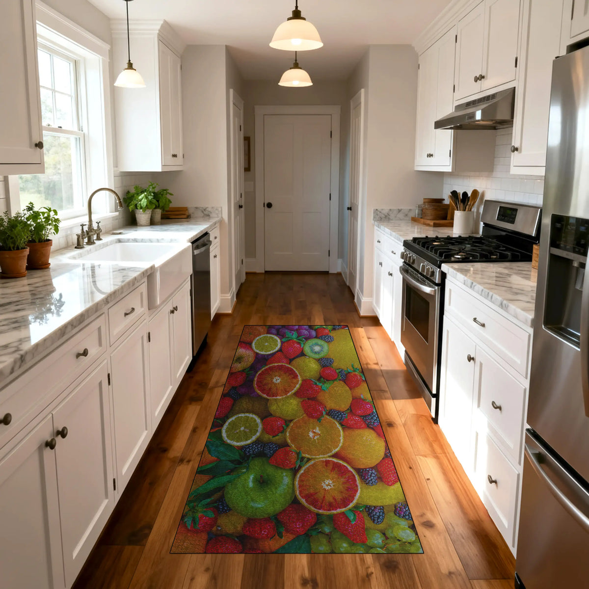 Colorful kitchen rug with fruit design on a wooden floor, surrounded by white cabinets and stainless steel appliances.