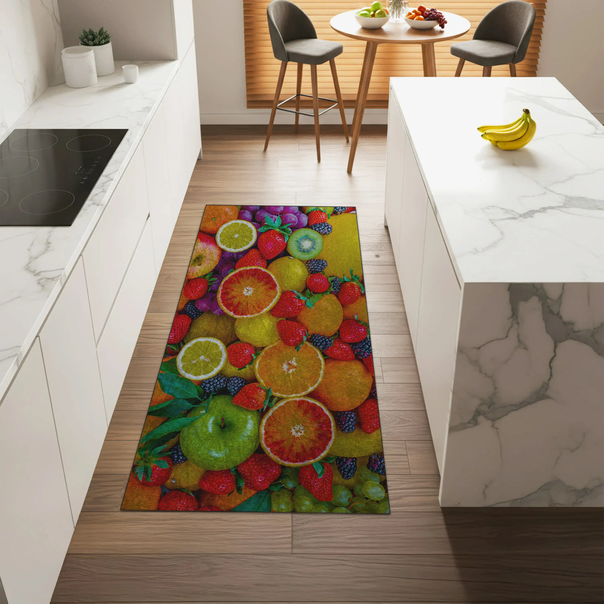 Colorful fruit-patterned rug on a wooden floor in a modern kitchen.