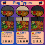 Comparison chart of rug types including Chenille, Rubber, and Cotton with colorful fruit pattern.