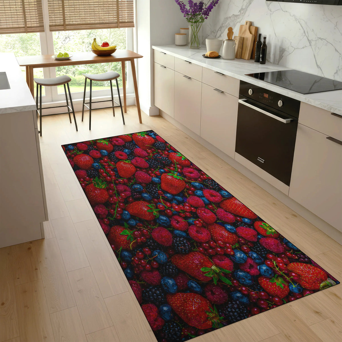 Colorful berry-themed kitchen rug with strawberries and blueberries