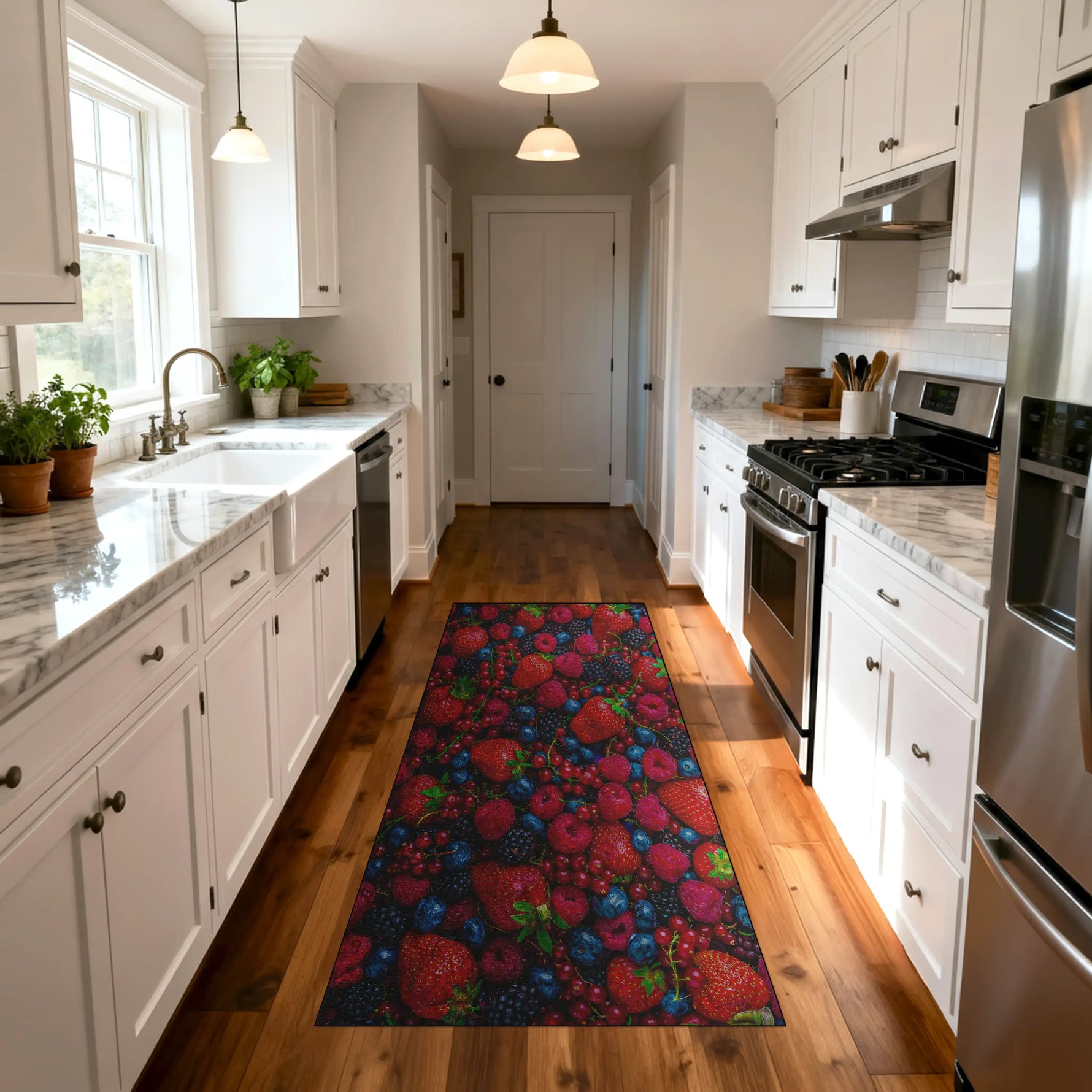 Close-up of red and blue berry pattern on chenille rug surface