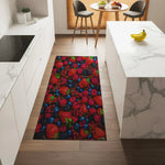 Modern kitchen with washable berry runner rug on wooden floor