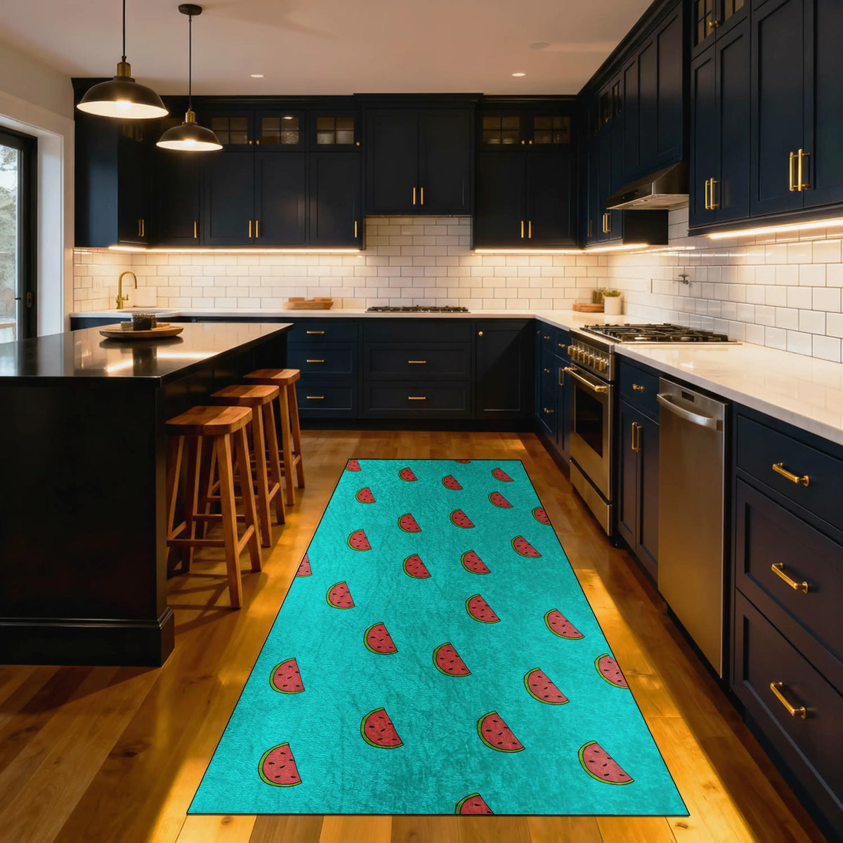 Modern kitchen with turquoise fruit-pattern washable rug