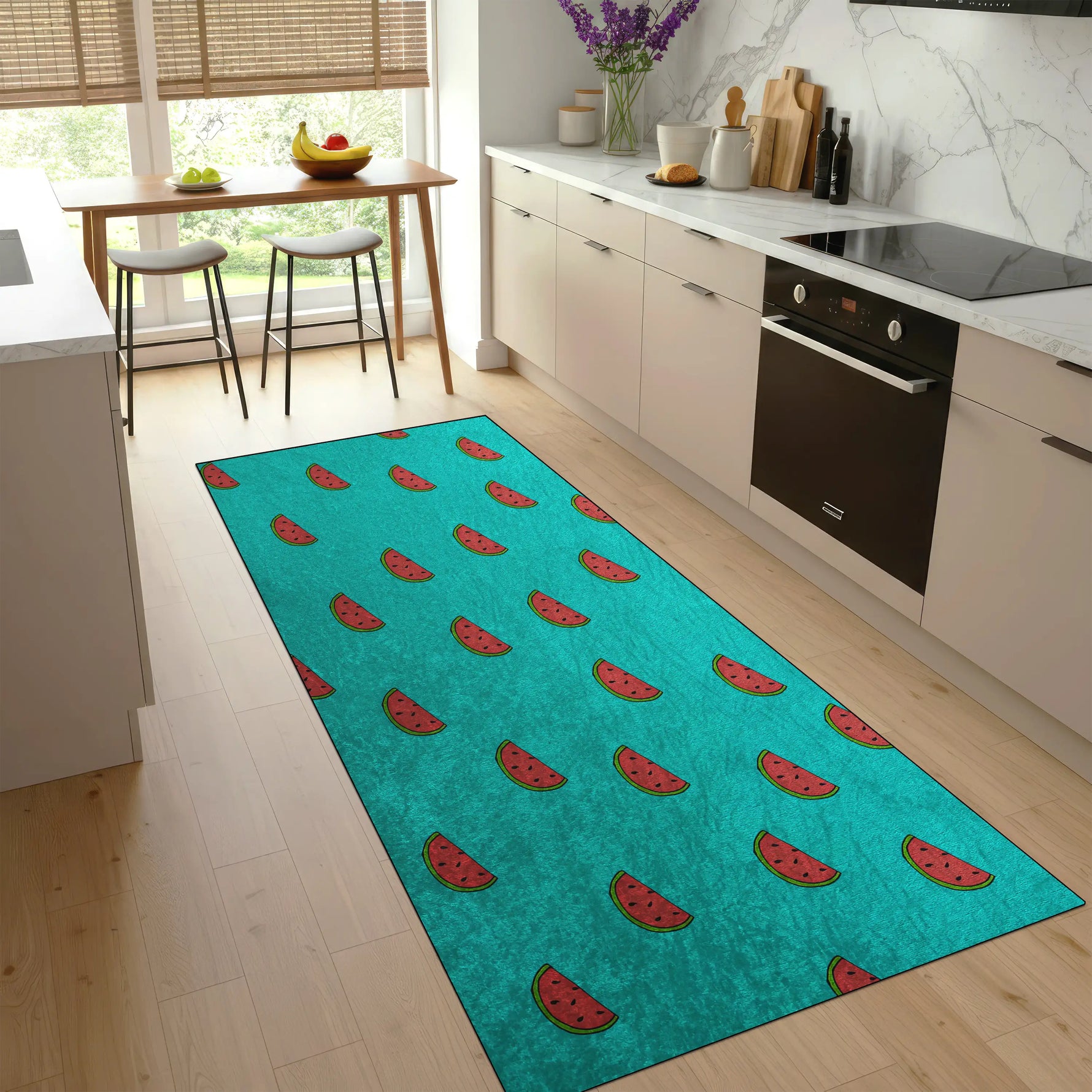 Playful watermelon pattern kitchen rug in modern kitchen