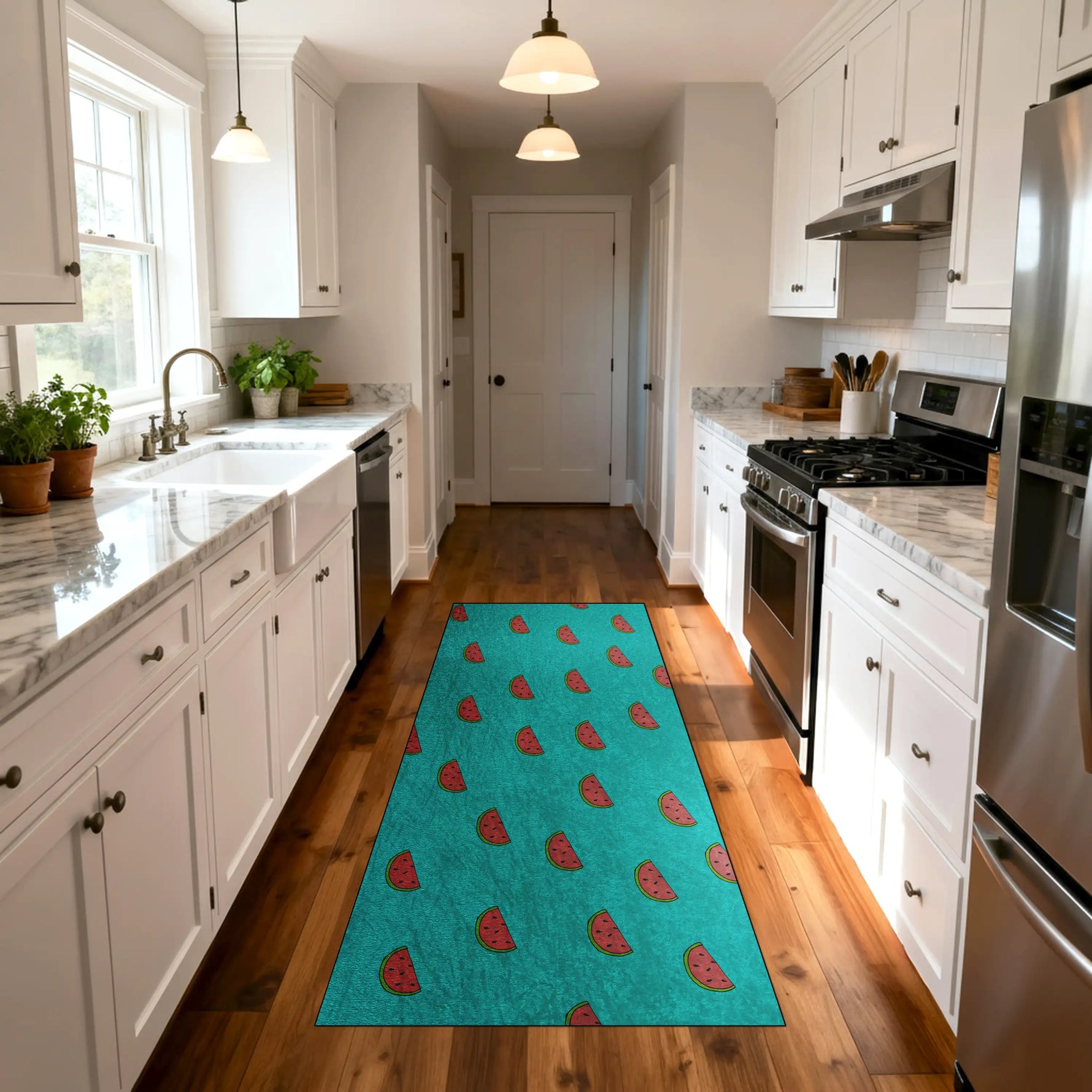 Washable non-slip watermelon runner rug with teal background