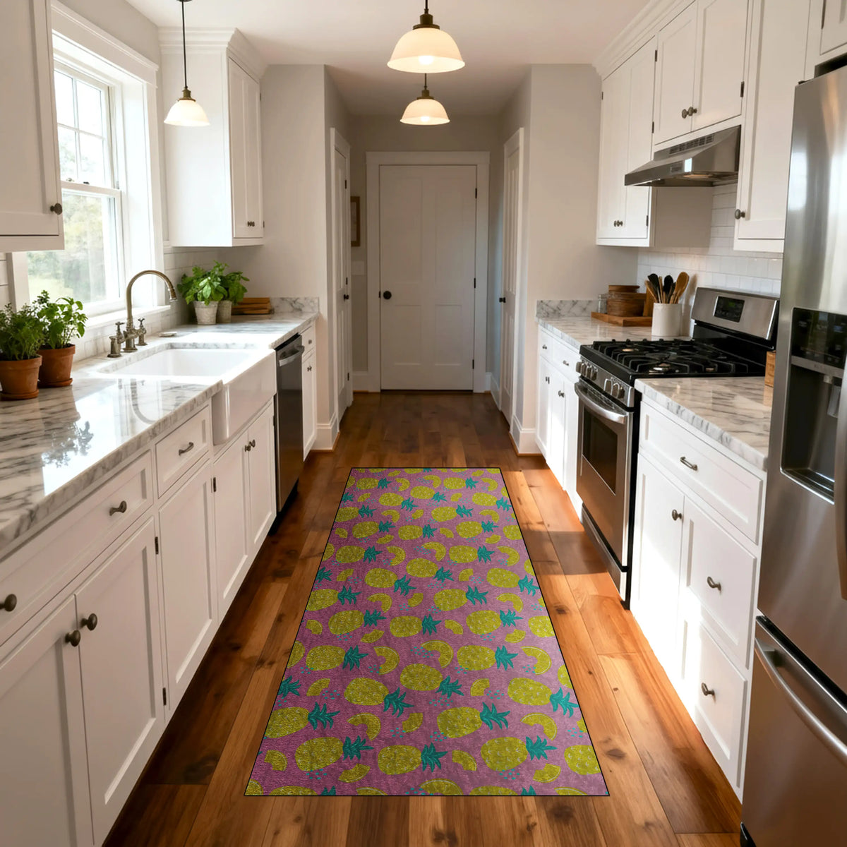 Modern kitchen with bright yellow pineapple runner rug