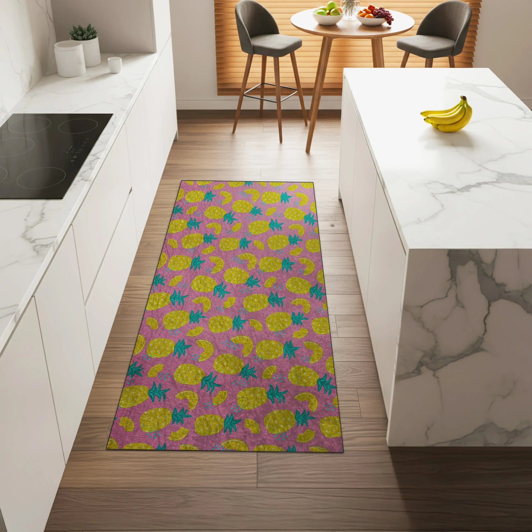 Summer-themed washable kitchen rug with tropical fruit design
