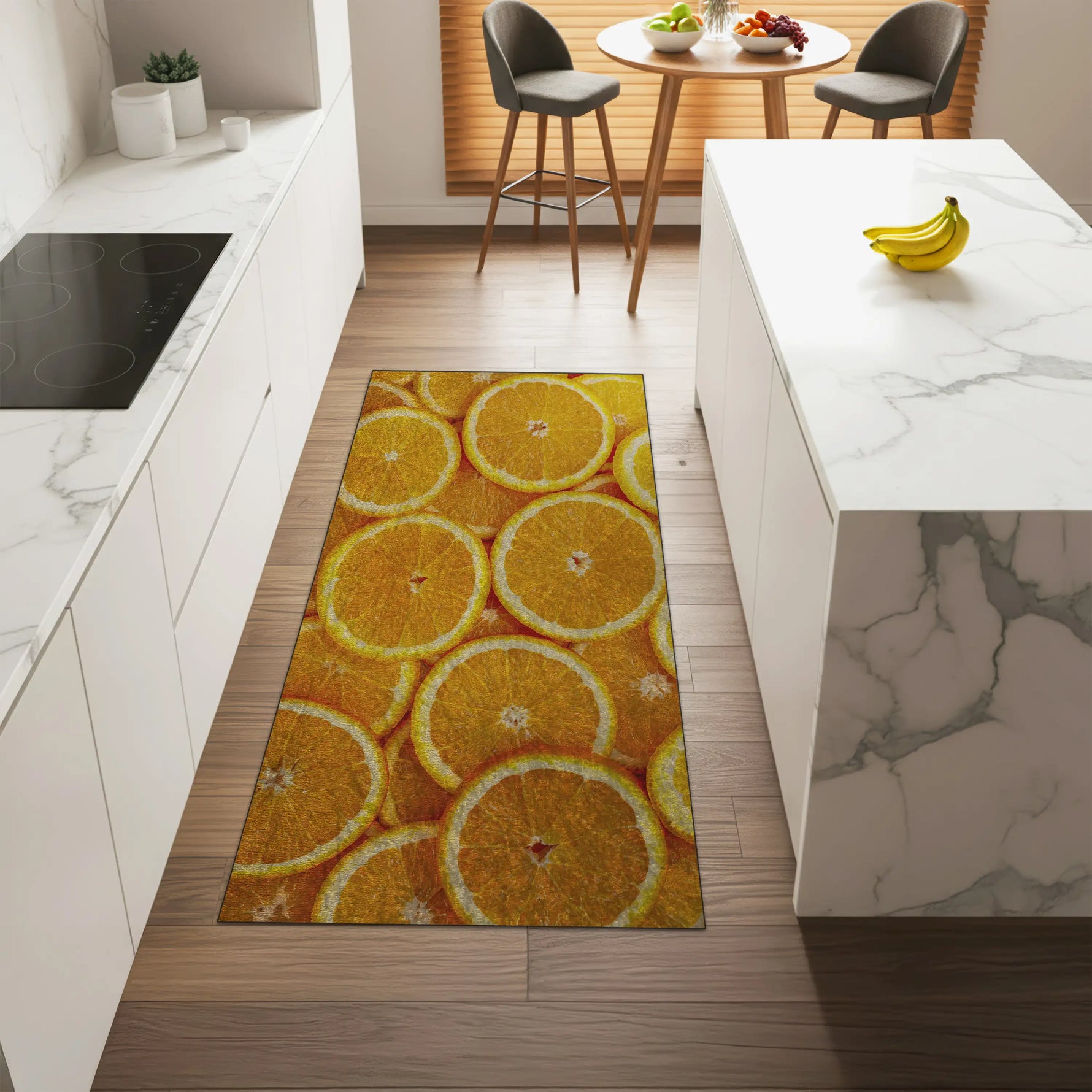 Fresh citrus patterned washable kitchen rug on wooden floor