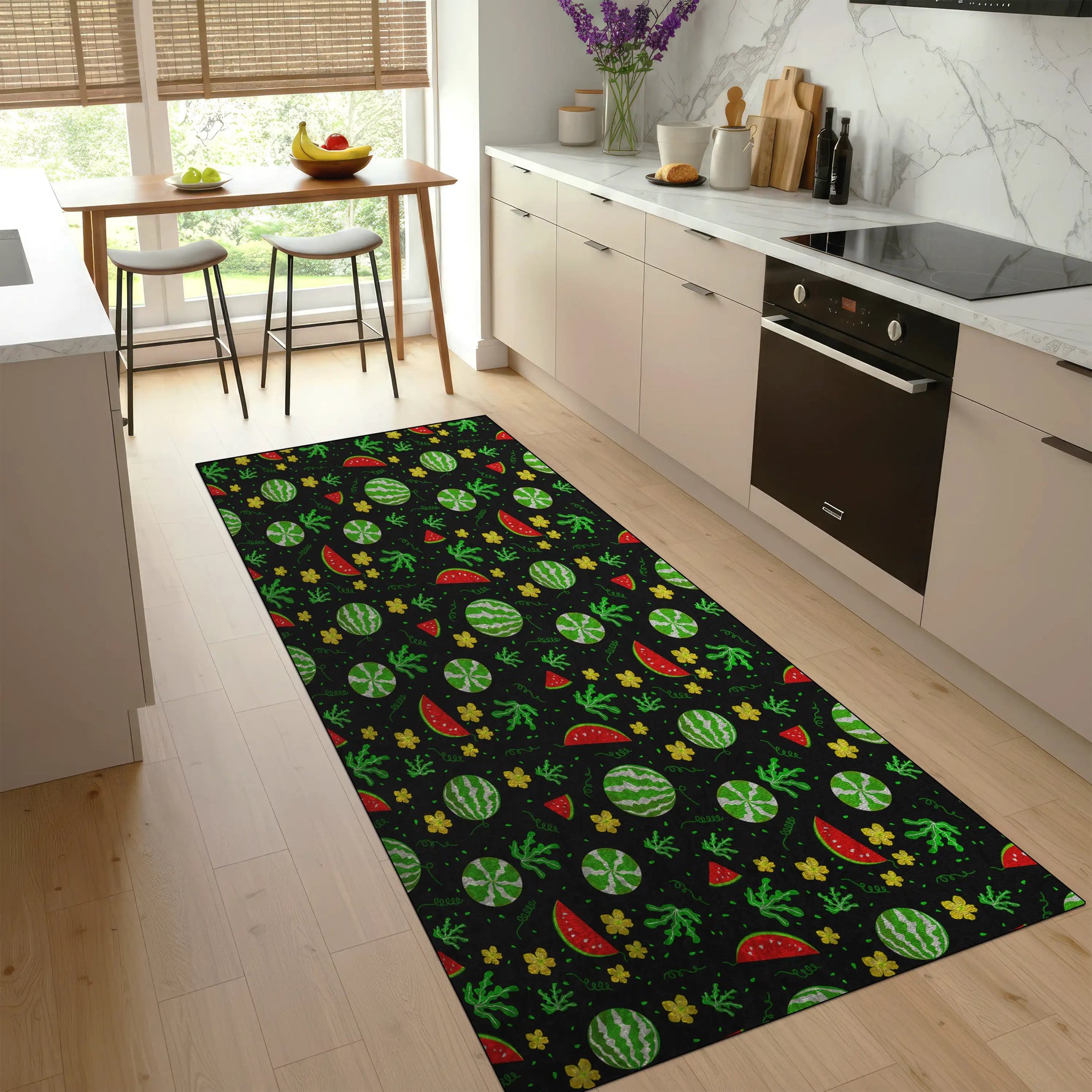 Colorful watermelon kitchen rug with green and red fruit pattern
