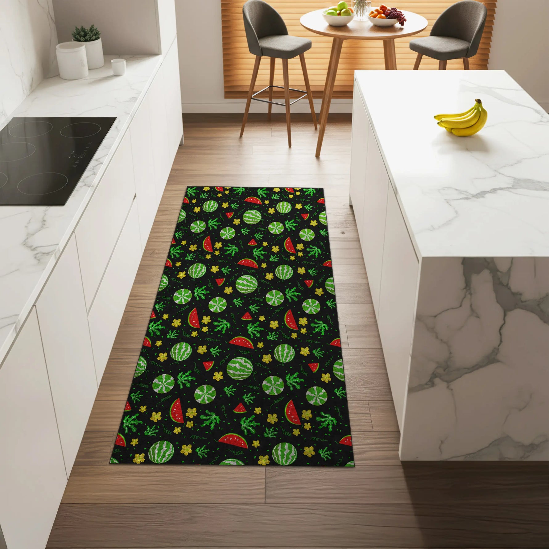 Fun fruit-themed kitchen runner rug with watermelon design