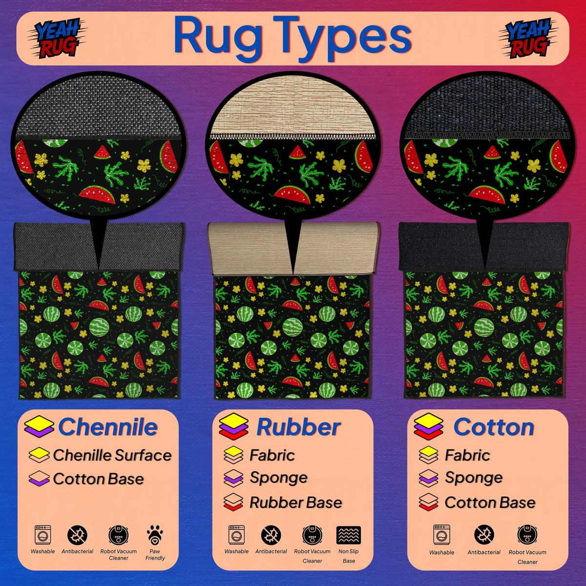 Vibrant watermelon print rug on black background for modern kitchen