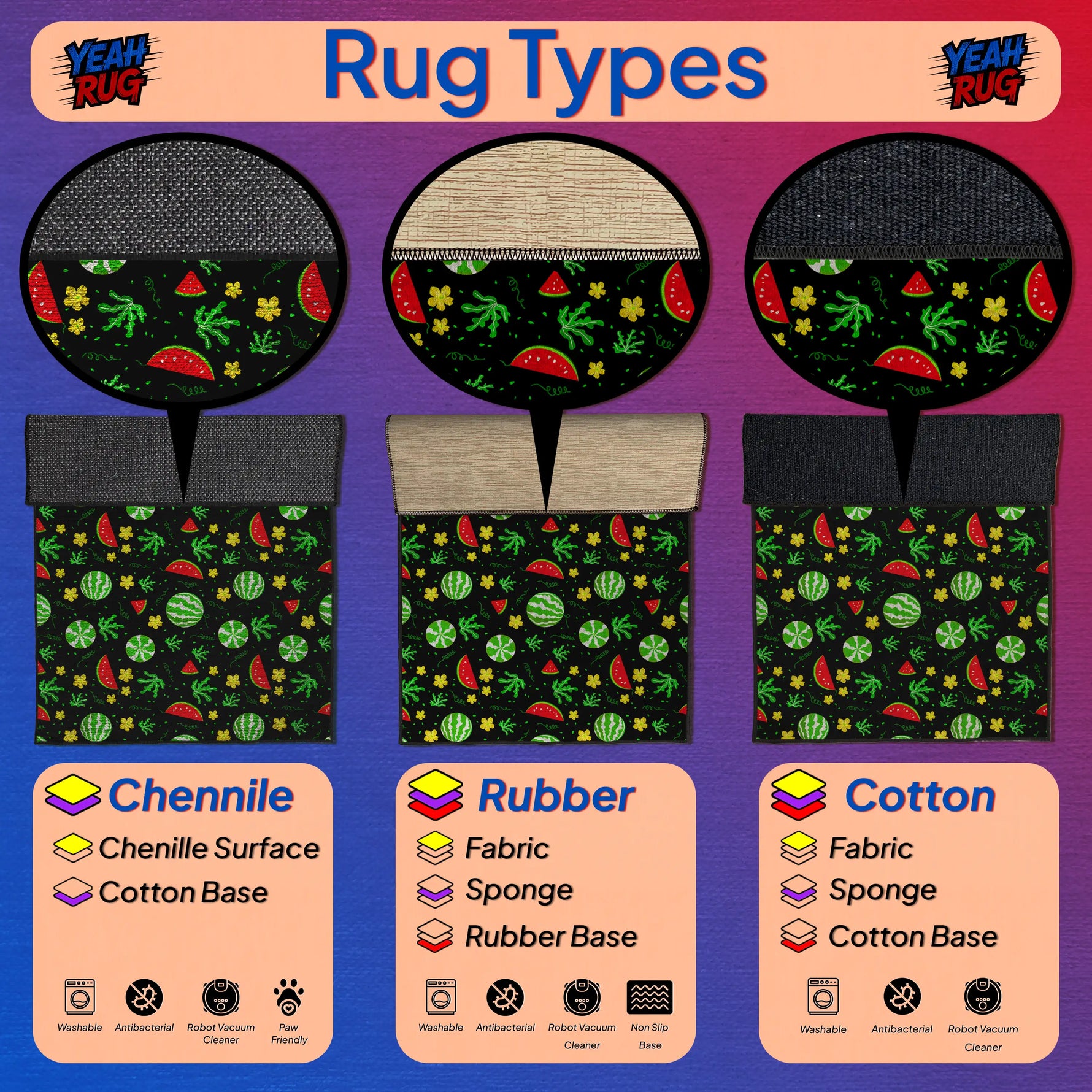 Vibrant watermelon print rug on black background for modern kitchen