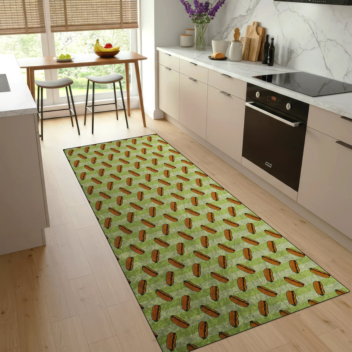 Funny hotdog kitchen rug with retro diner design
