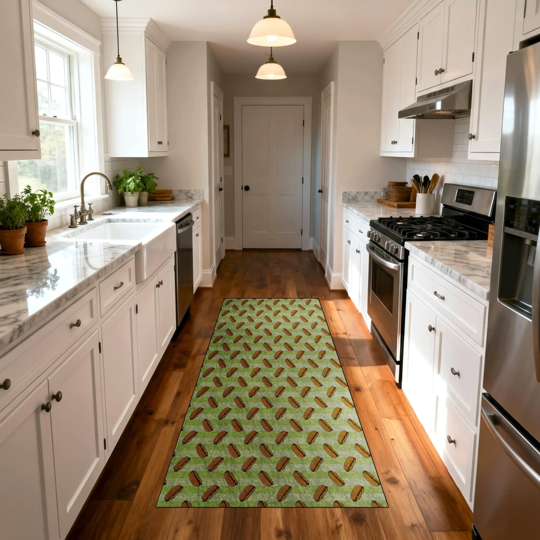 Playful fast-food themed runner rug for modern kitchens